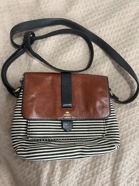Fossil Brown Leather & Black-Striped Crossbody Bag